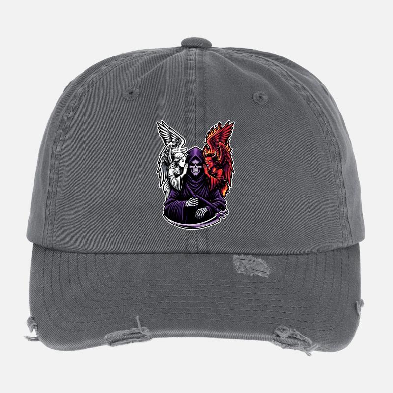 Grim Reaper with Angel and Demon - Flexfit Vintage Destroyed Cap - dark grey