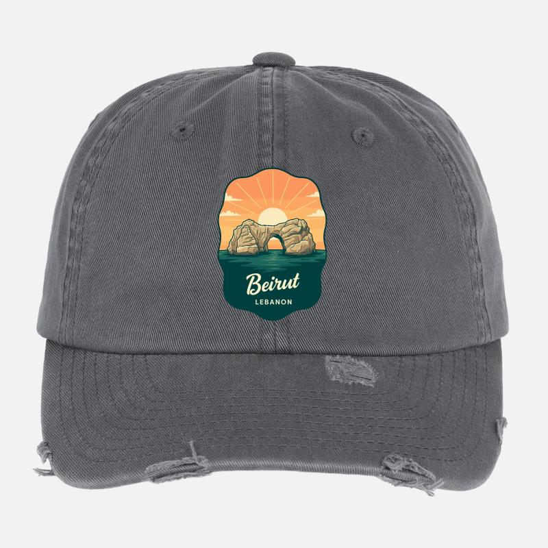 Beirut Raouche Rocks Retro Sunset Reiseabzeichen Flexfit Vintage Destroyed Cap
