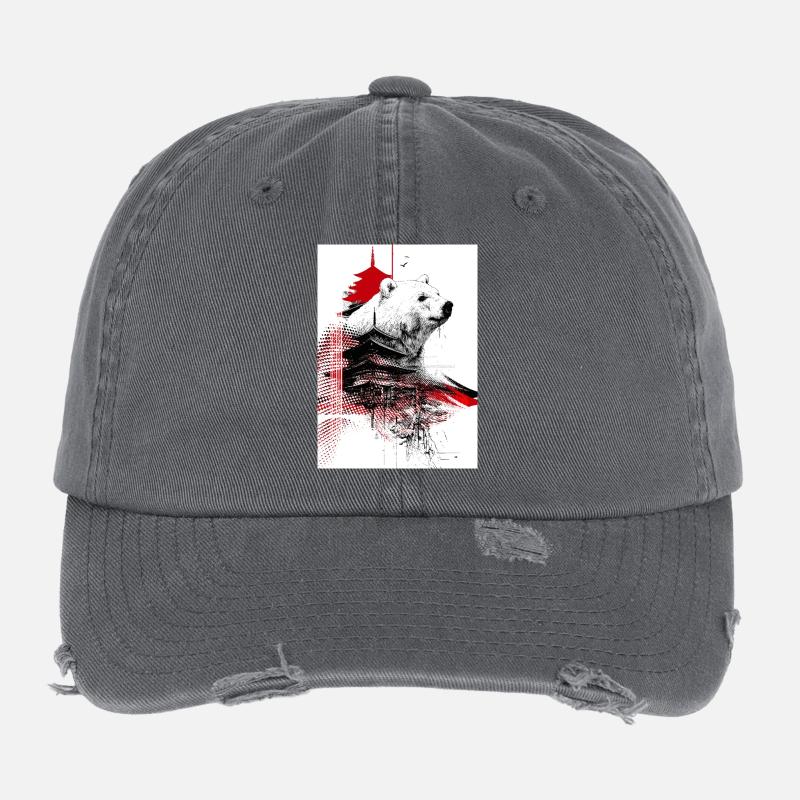 Ours et Pagodes en Gravure Rouge - Casquette vintage effet usé Flexfit - charbon