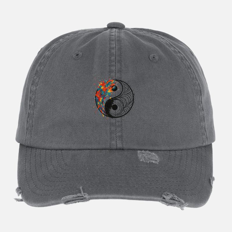 Yin-Yang Splash mit schwarzem Hintergrund Flexfit Vintage Destroyed Cap