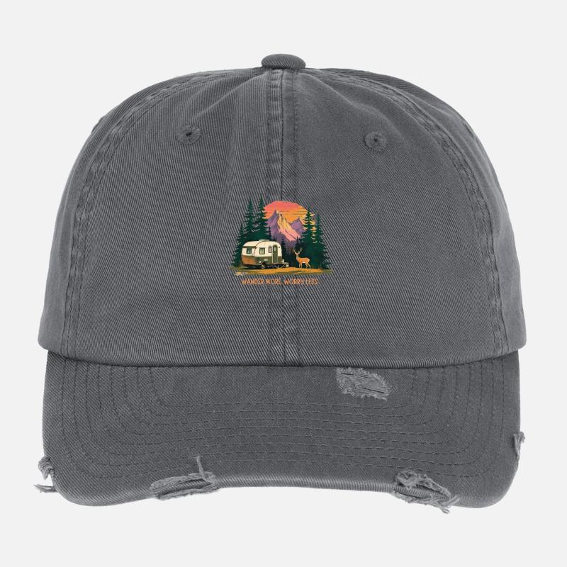 Wander More Worry Less – Retro Camper, Mountain Flexfit Vintage Destroyed Cap