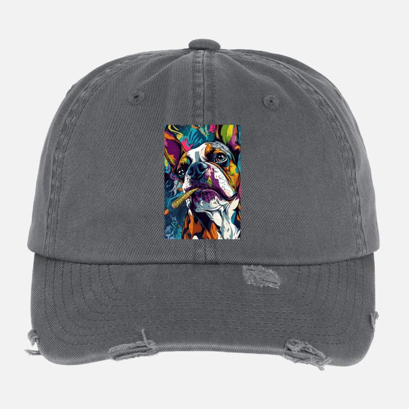 Knallbunte Bulldogge mit Zigarre Flexfit Vintage Destroyed Cap