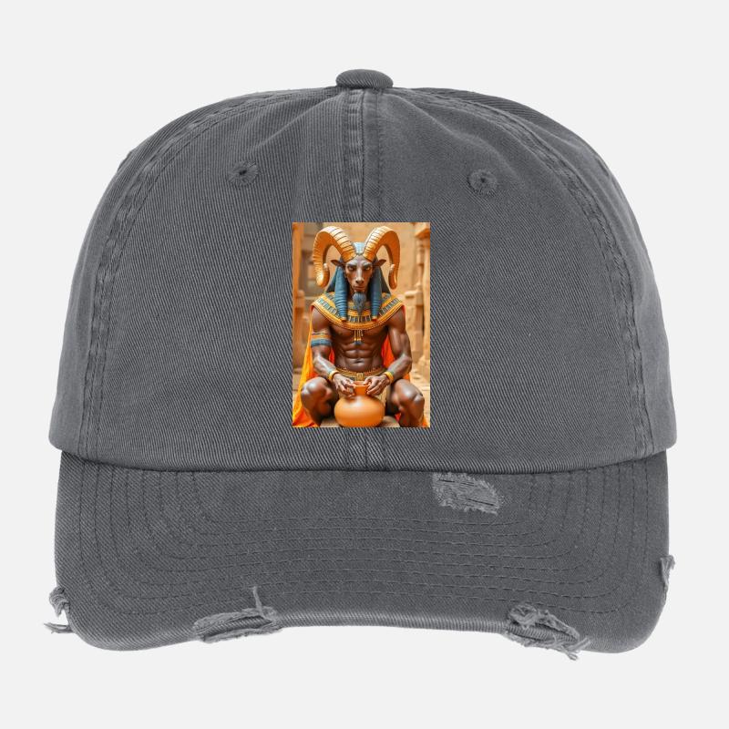 Khnum, widderköpfiger Gott, der einen Menschen aus Lehm formt. Flexfit Vintage Destroyed Cap