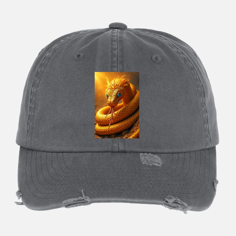 Mehen, golden serpent god coiled around Ra’s solar Flexfit Vintage Destroyed Cap