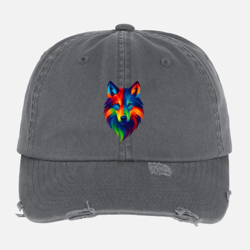 WPAP Polygon Style Animals Wolf Flexfit Vintage Destroyed Cap