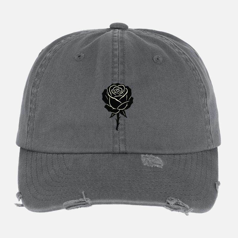 Schwarze Rose Umrissdesign Flexfit Vintage Destroyed Cap
