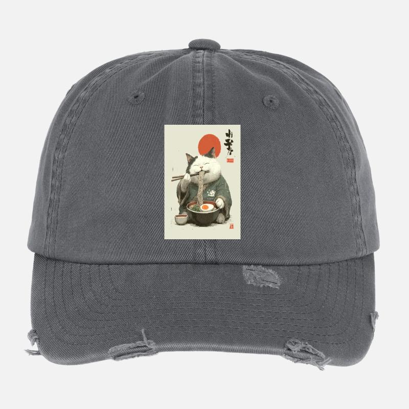 Chat samouraï sirotant des ramen Casquette vintage effet usé Flexfit