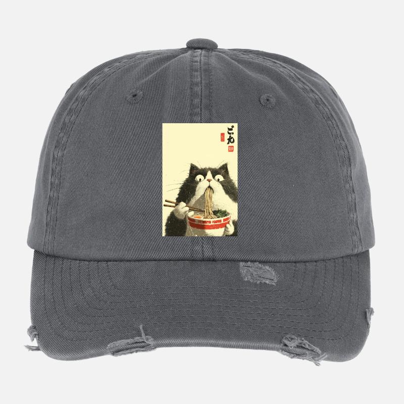 Surprised Cat Eating Ramen Flexfit Vintage Destroyed Cap