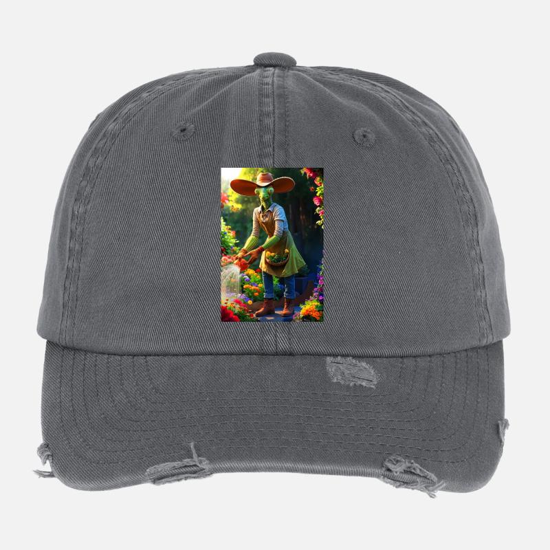 Humanoide Gartenmantis mit Scheunenhut Flexfit Vintage Destroyed Cap