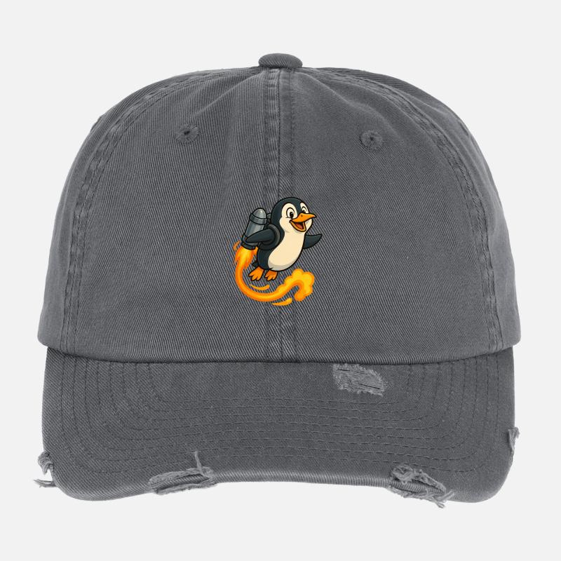 Playful Penguin Rocket Flight Flexfit Vintage Destroyed Cap