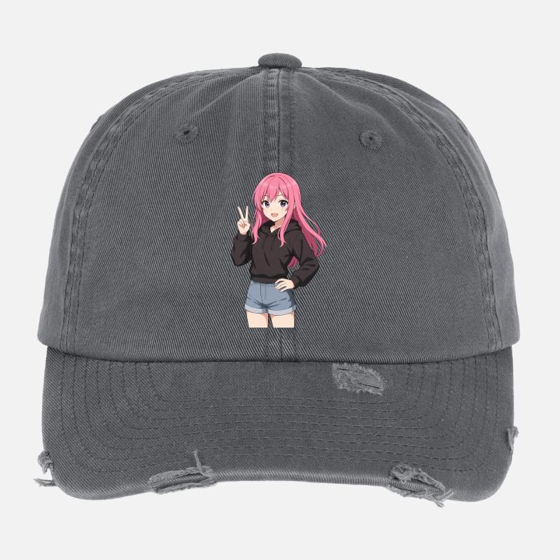 Anime-Mädchen mit rosa Kapuzenpullover Flexfit Vintage Destroyed Cap