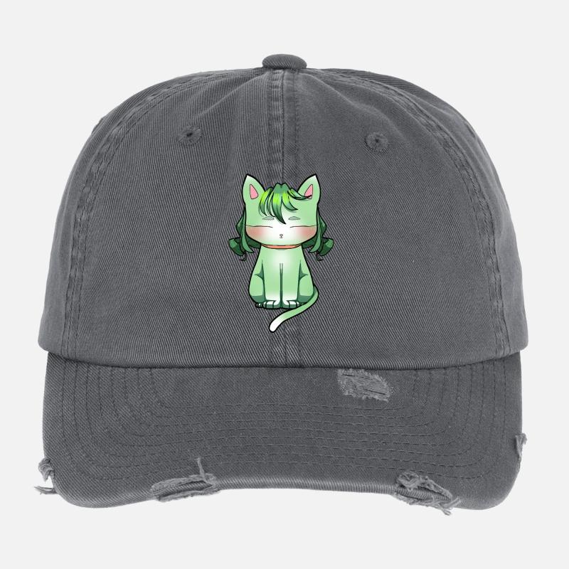 Minze Katze mit Smaragd Haar Anime Style Flexfit Vintage Destroyed Cap