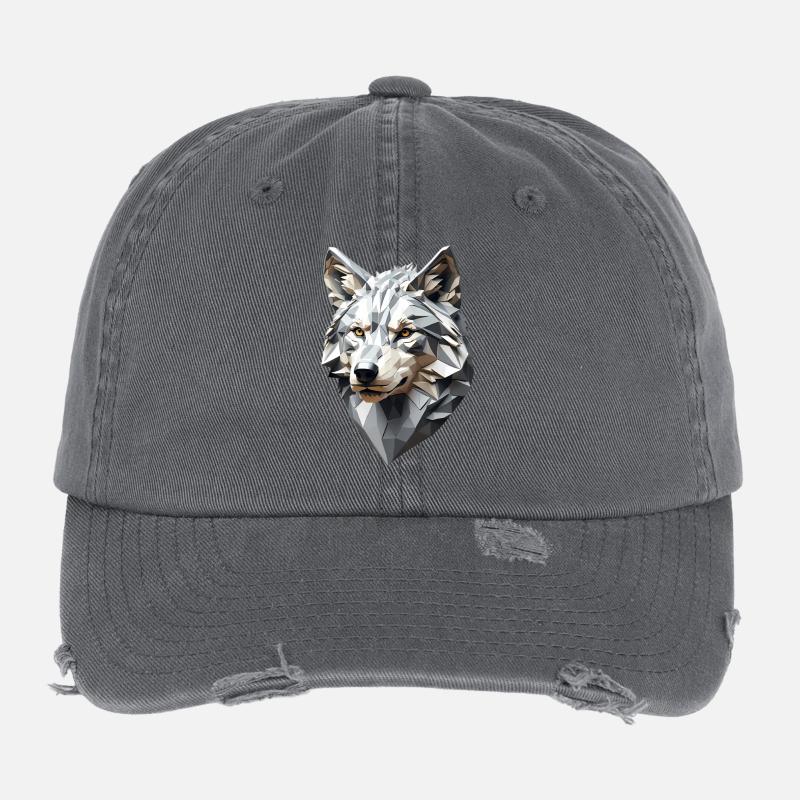 Wolfskopf LowPoly Geometrisch Flexfit Vintage Destroyed Cap