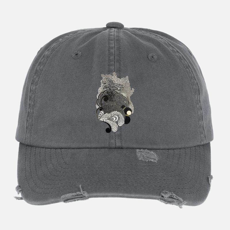 Black and White Decorative Waves Pattern - Flexfit Vintage Destroyed Cap - dark grey