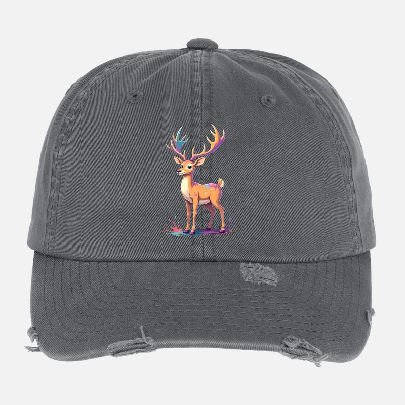 Deer with rainbow antlers color explosion Flexfit Vintage Destroyed Cap