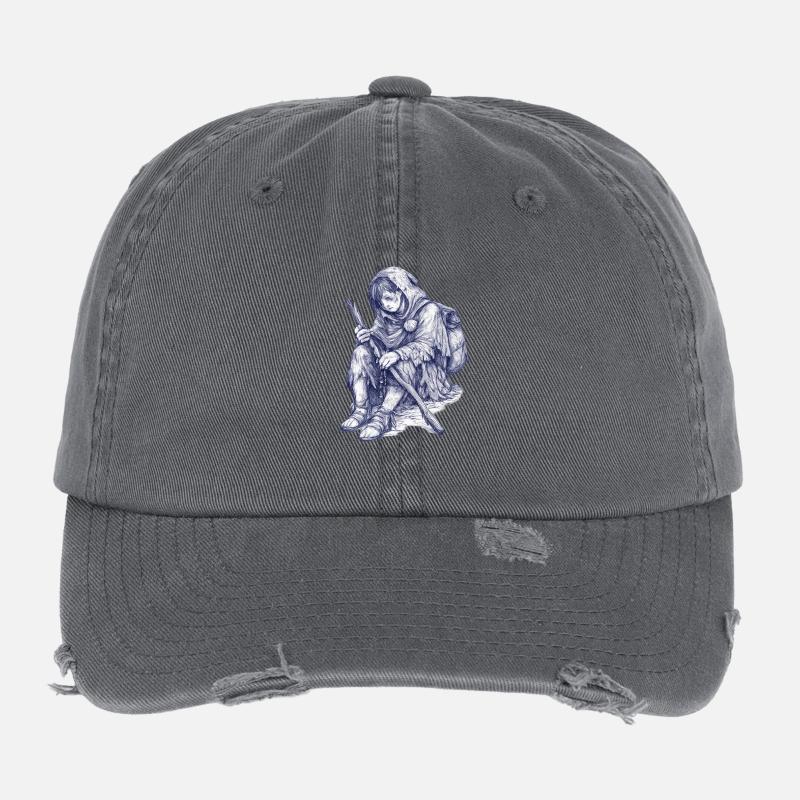 Wandernder Hüter mit Stab und Kapuze Flexfit Vintage Destroyed Cap