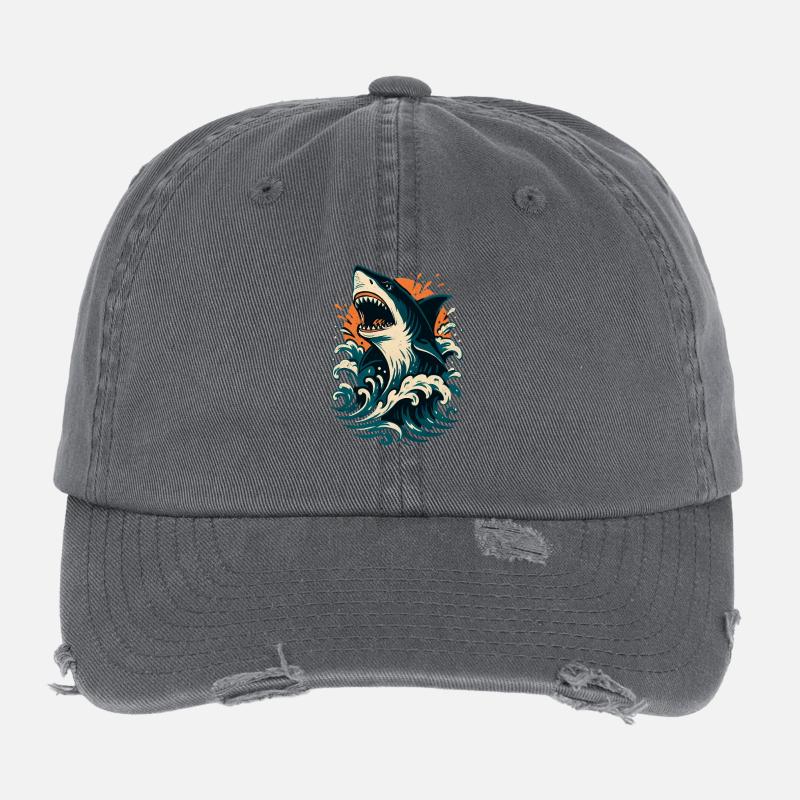 Shark roars through orange waves Flexfit Vintage Destroyed Cap