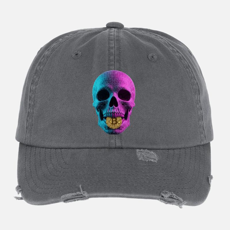 Conception du fil de fer de crâne Bitcoin Cyan Magenta Casquette vintage effet usé Flexfit