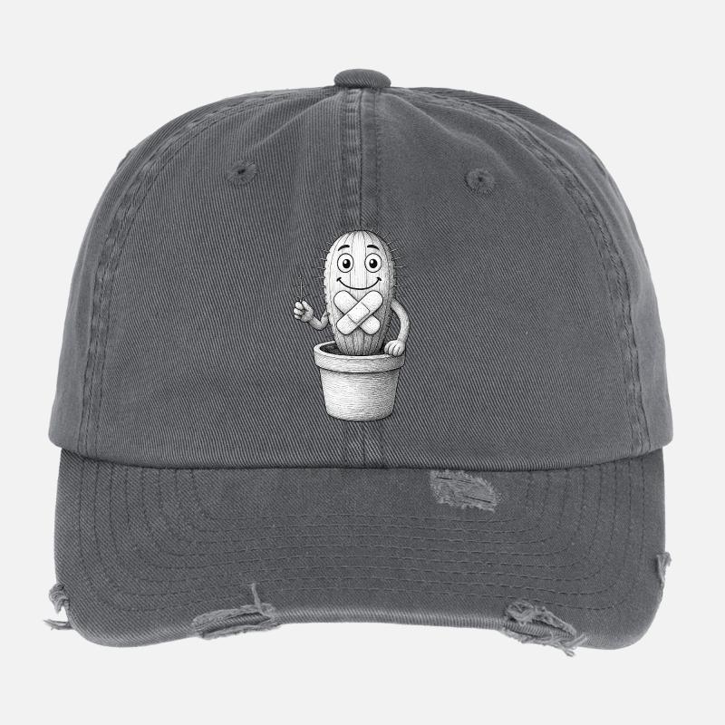 Bandaged Whimsical Cactus - Flexfit Vintage Destroyed Cap - dark grey