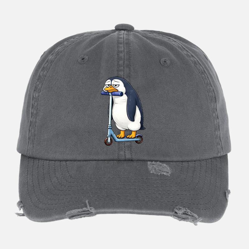 Cute Penguin Scooter Lonely Boredom Flexfit Vintage Destroyed Cap