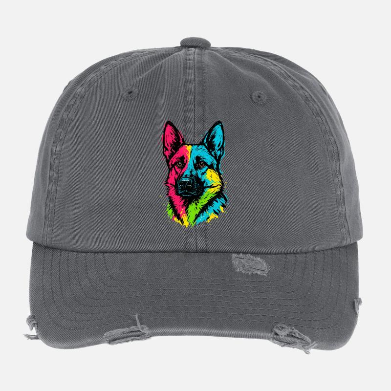 German Shepherd Pop Art Multicolor Dog Portrait Flexfit Vintage Destroyed Cap