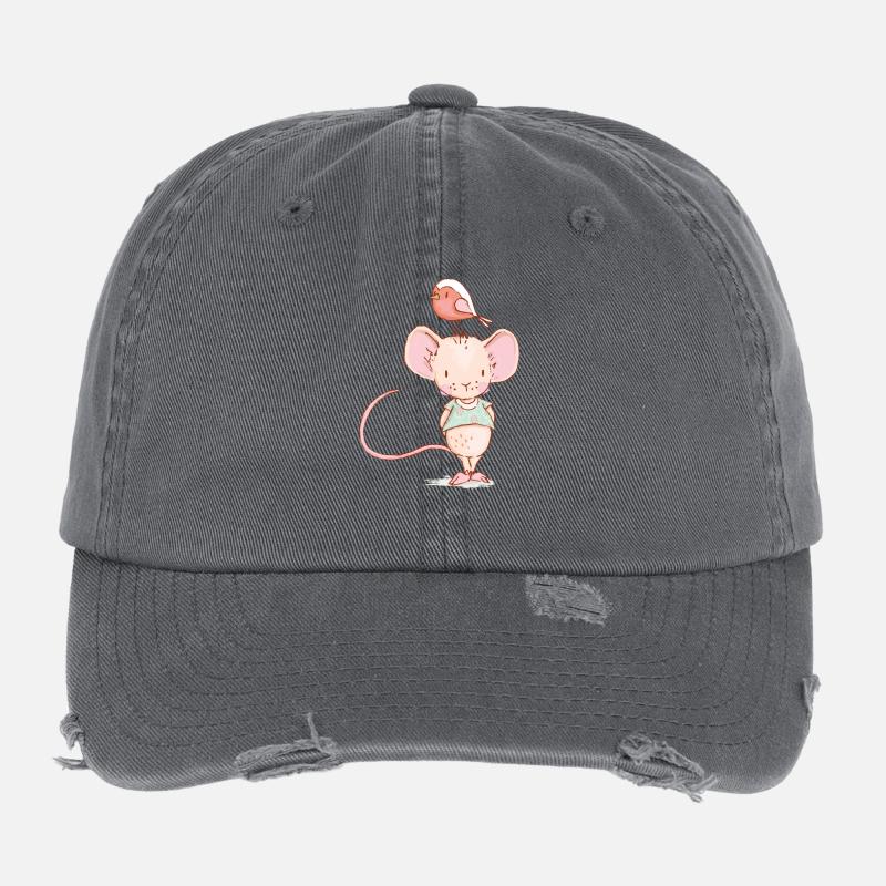 Maus mit Vogel - Flexfit Vintage Destroyed Cap - Dunkelgrau