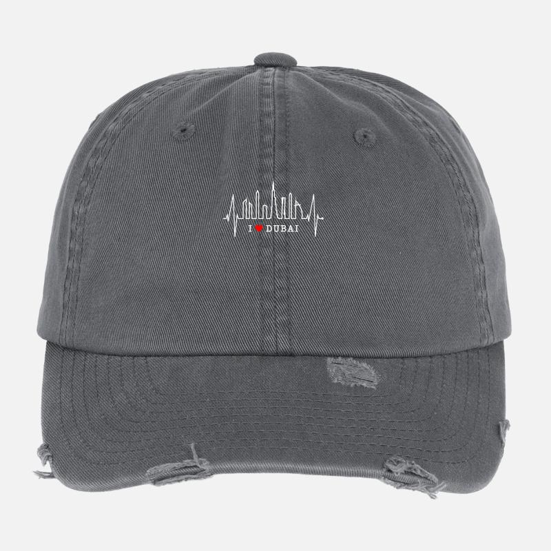 Dubai Skyline Heartbeat Burj Khalifa Silhouette Flexfit Vintage Destroyed Cap