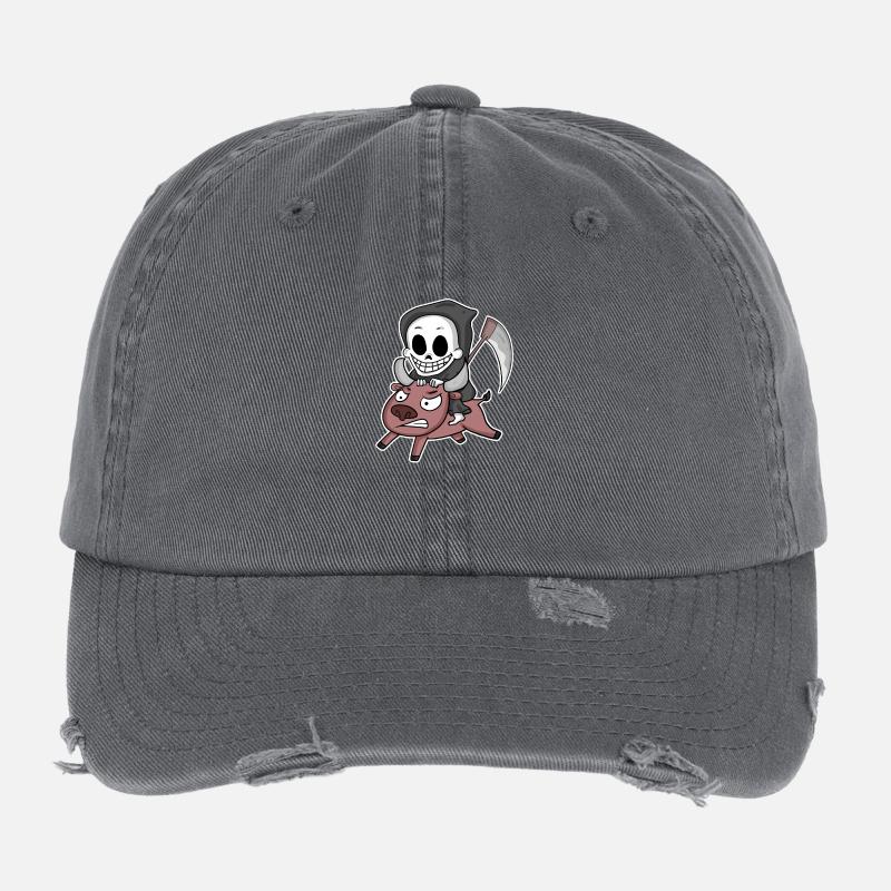 Grim Reaper Cow Motif Flexfit Vintage Destroyed Cap