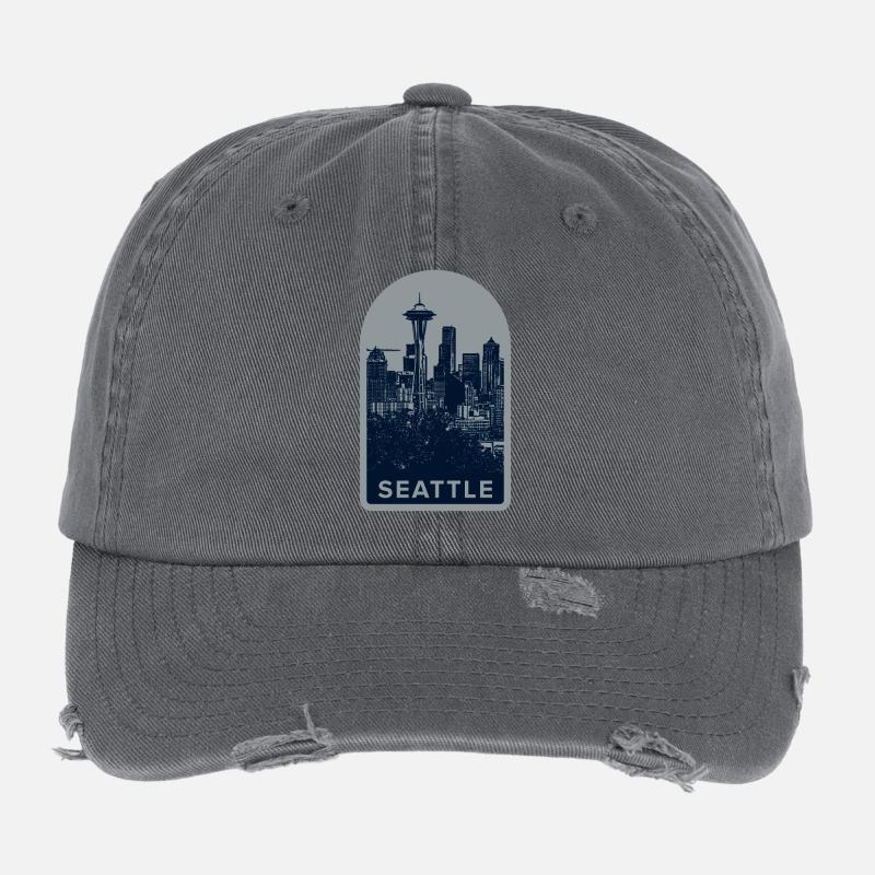 Seattle Skyline Badge: Space Needle Silhouette Flexfit Vintage Destroyed Cap