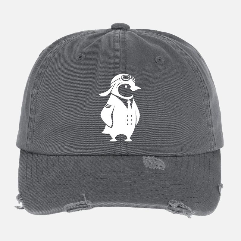 Penguin Pilot Airplane Silhouette Minimalist Flexfit Vintage Destroyed Cap