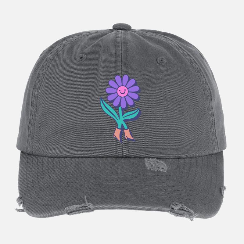 Fleur heureuse dessin animé Casquette vintage effet usé Flexfit
