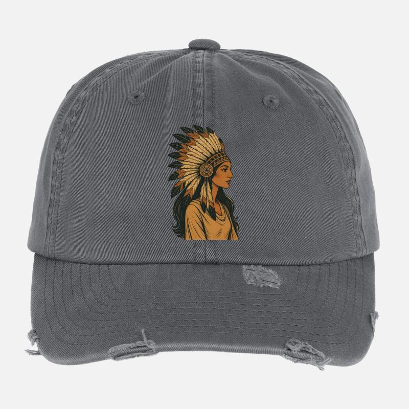 Indigenous Portrait with Feather Crown Flexfit Vintage Destroyed Cap