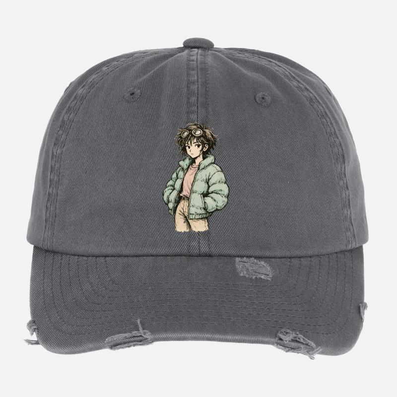 Indie-Skaterin in mintfarbener Puffy Jacke Flexfit Vintage Destroyed Cap