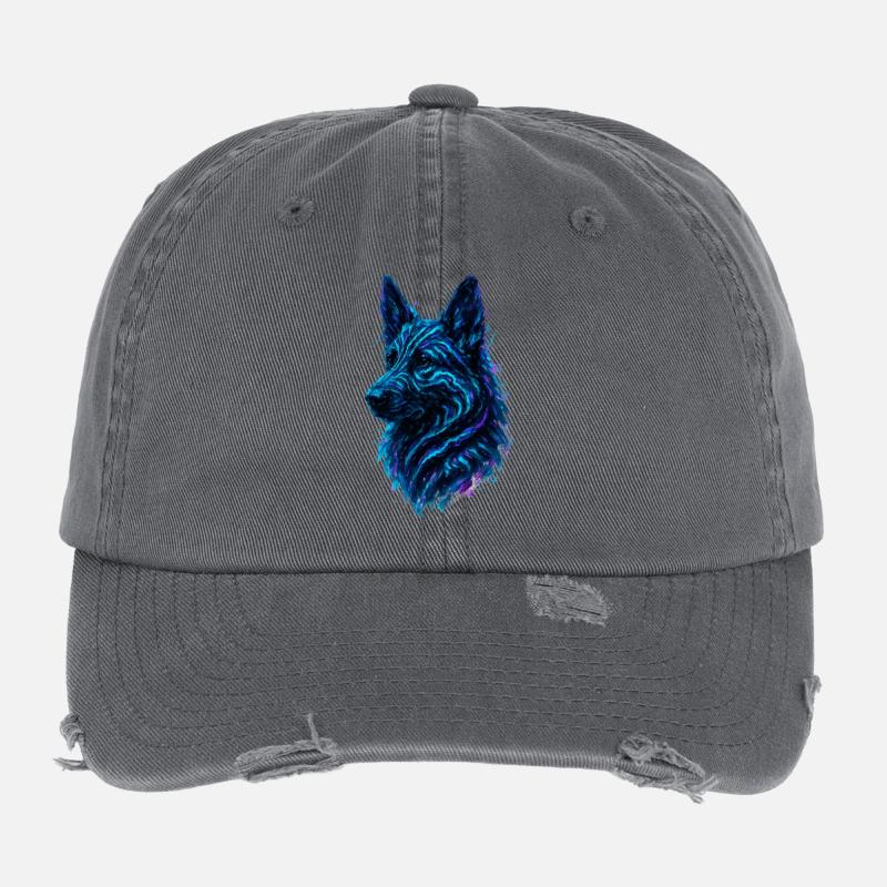 Neon German Shepherd: Abyssal Canine Art Flexfit Vintage Destroyed Cap