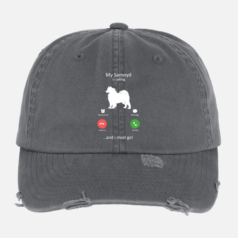 Samoyed Calling Funny Dog Phone Interface Flexfit Vintage Destroyed Cap