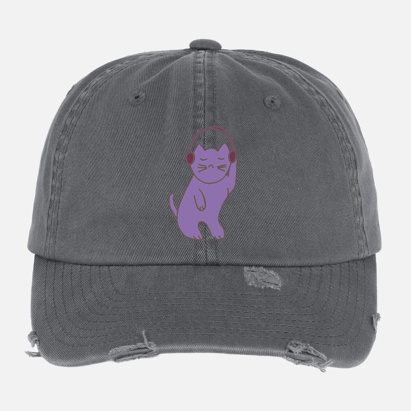 Lila Katzen mit Kopfhörer Flexfit Vintage Destroyed Cap