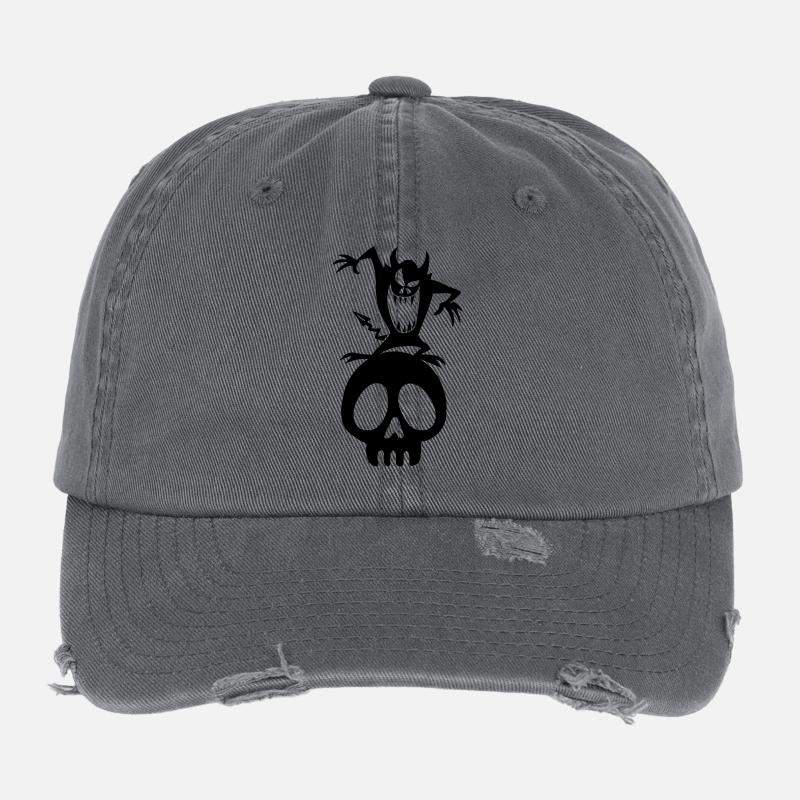 Schwarzer Dämon auf einem Schädel Flexfit Vintage Destroyed Cap