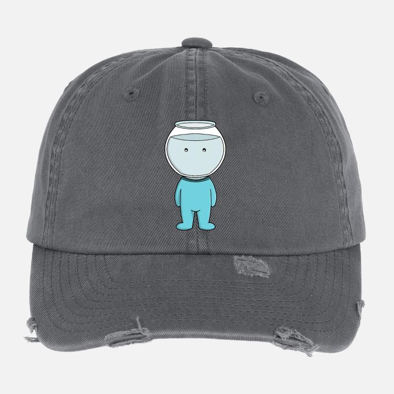 Whimsical Fishbowl Character Illustration Flexfit Vintage Destroyed Cap