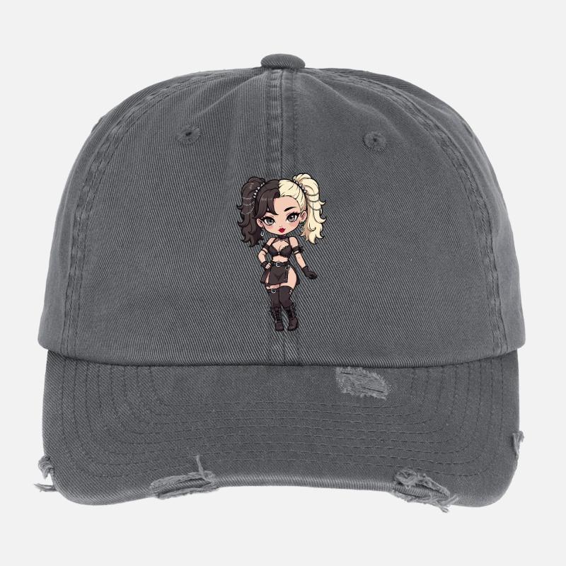 Gotische Chibi-Diva mit zweifarbigem Haar Flexfit Vintage Destroyed Cap
