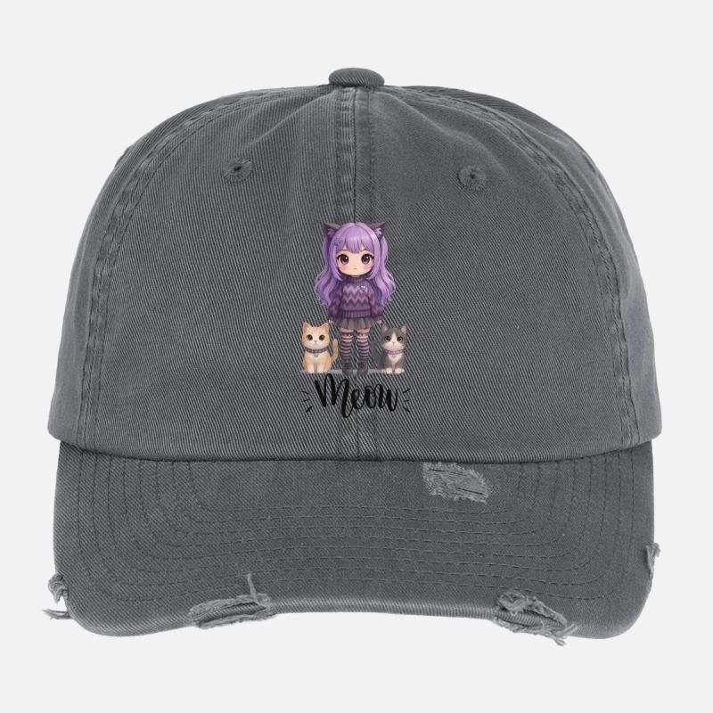 Kawaii Meow Mädchen mit Katzen Flexfit Vintage Destroyed Cap