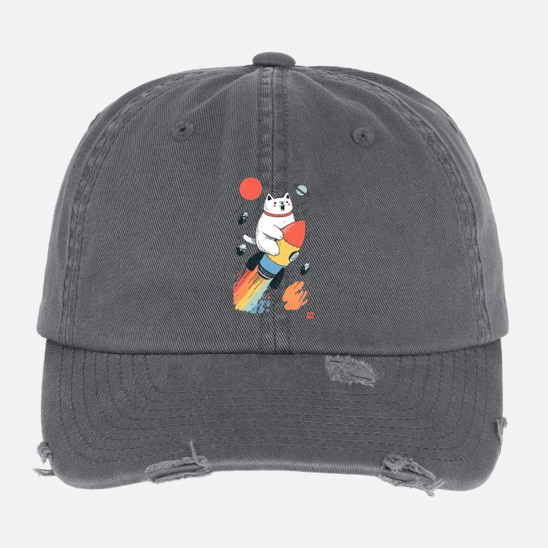 Chat sur fusée dans l’espace coloré Casquette vintage effet usé Flexfit