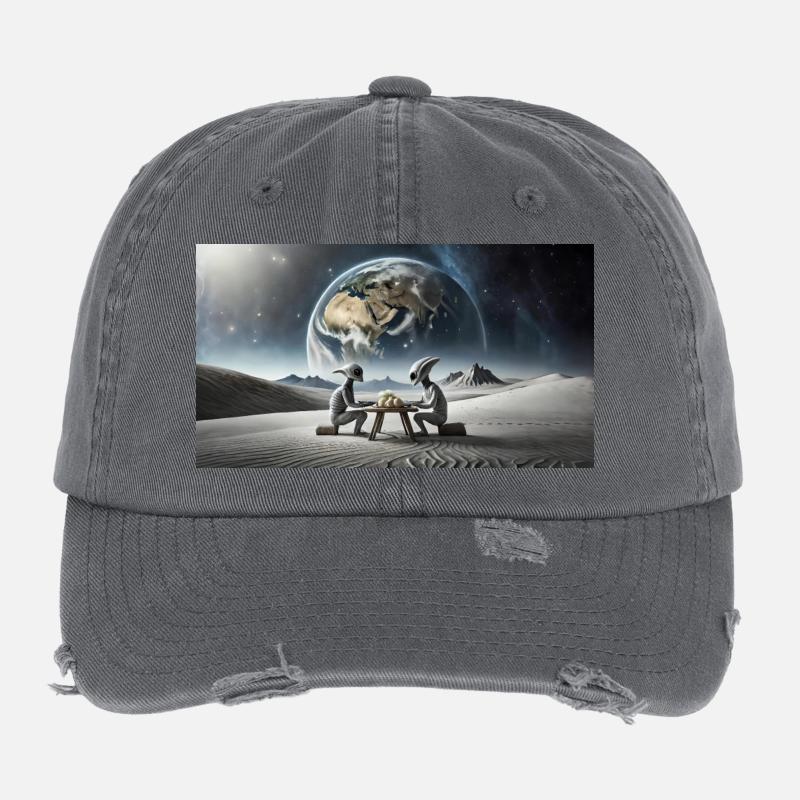 grey alien on the moon surface – eating dinner Flexfit Vintage Destroyed Cap