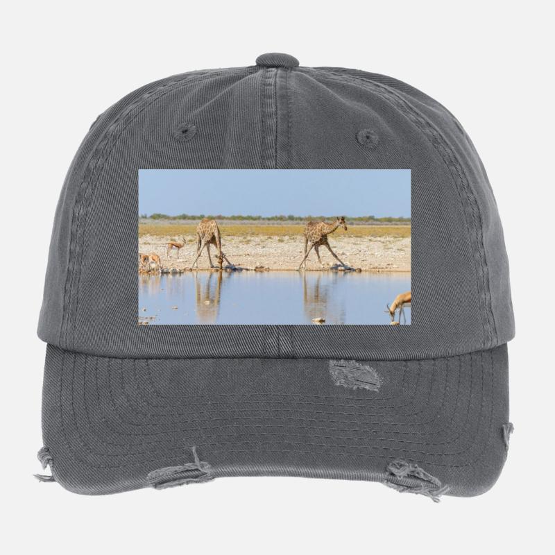 Landscape at the Cubango river with giraffe Flexfit Vintage Destroyed Cap