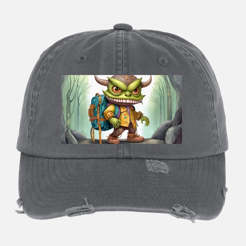 Monstre vert avec des cornes - jeune mignon petit Casquette vintage effet usé Flexfit