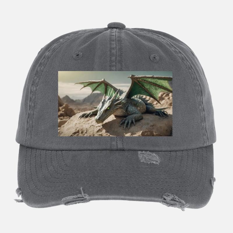 A realistic majestical green dragon is laying Flexfit Vintage Destroyed Cap