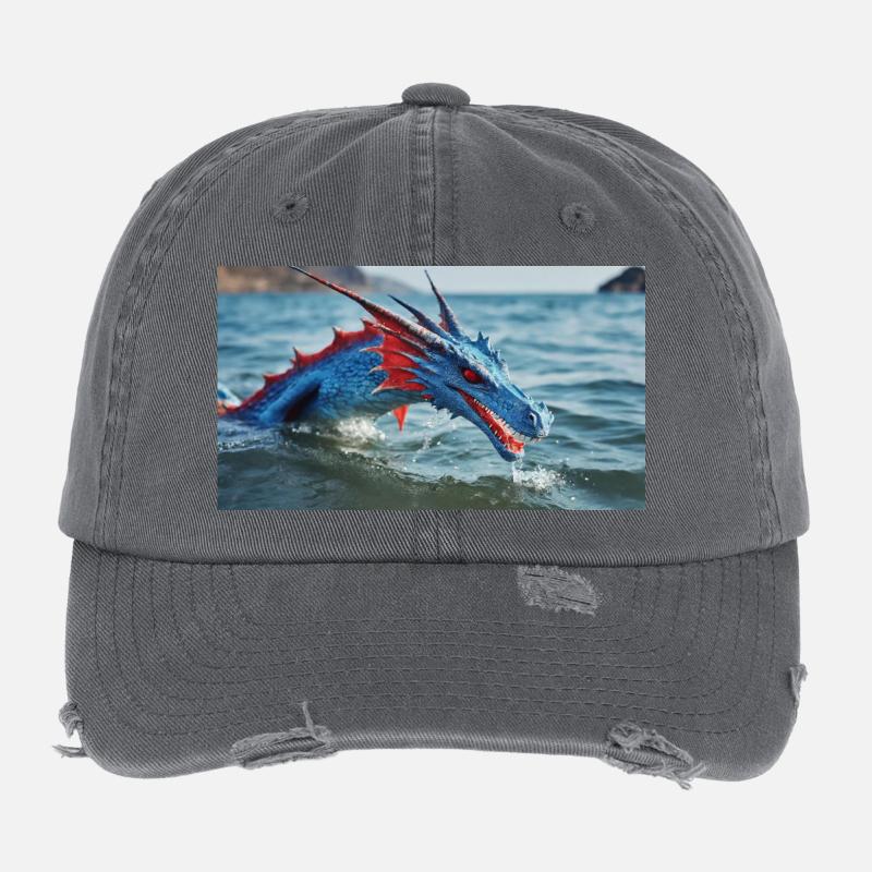 Ein realistischer blauer Wasserdrache im Türkis Flexfit Vintage Destroyed Cap