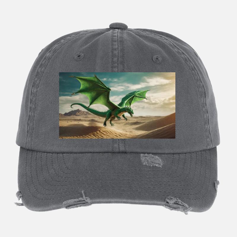 A realistic majestical green dragon is flying Flexfit Vintage Destroyed Cap