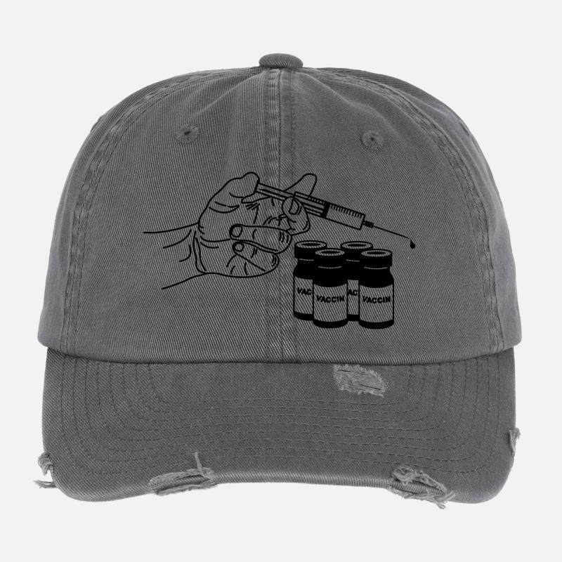Hand mit Impfspritze und Gläsern Flexfit Vintage Destroyed Cap