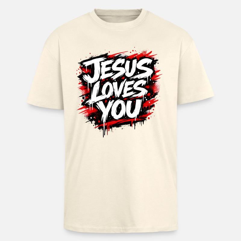 Jesus liebt dich Graffiti Statement - Oversized Heavyweight Unisex T-Shirt - Creme