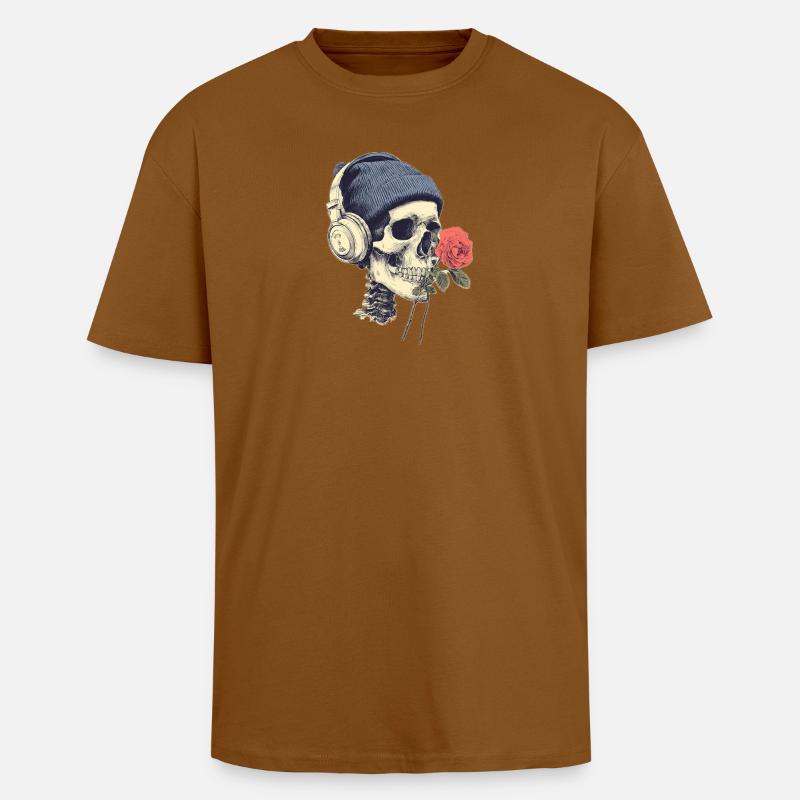 Skull mit Kopfhörern und Rose - Oversized Heavyweight Unisex T-Shirt - Toffee